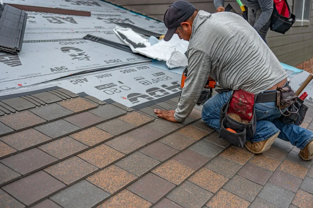 Roofer installing new asphalt shingles over synthetic underlayment