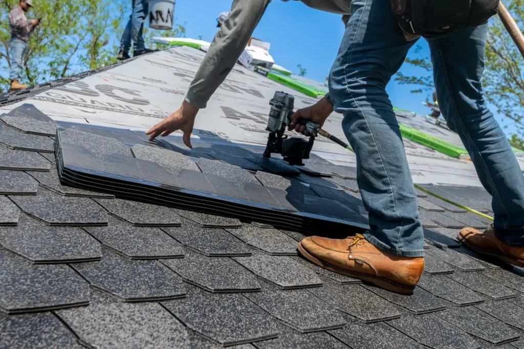 Roofer nailing architectural asphalt shingles with a pneumatic nail gun