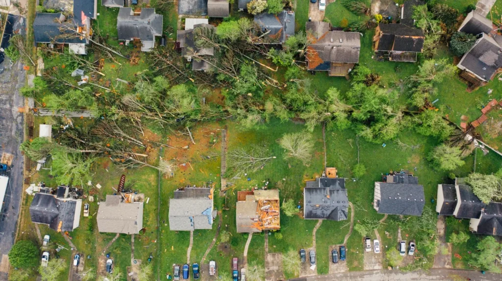 Aerial view of homes with storm-damaged roofs