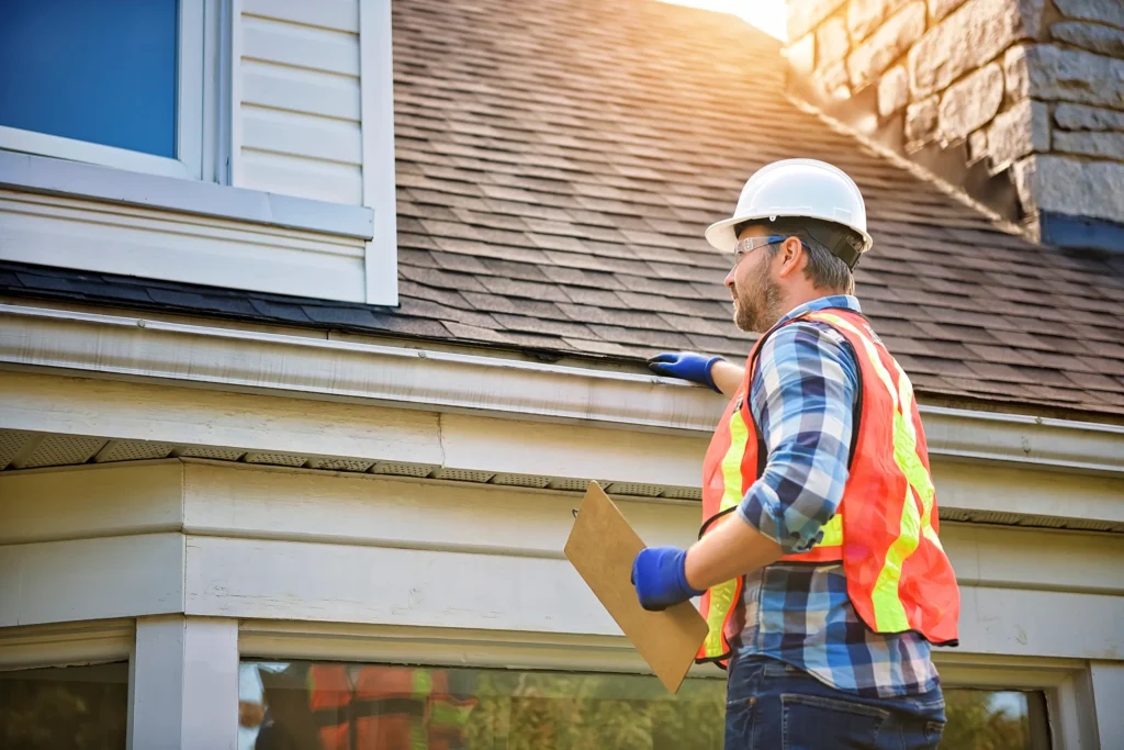 Checking the gutter line and roof edge of a house before a clean-out
