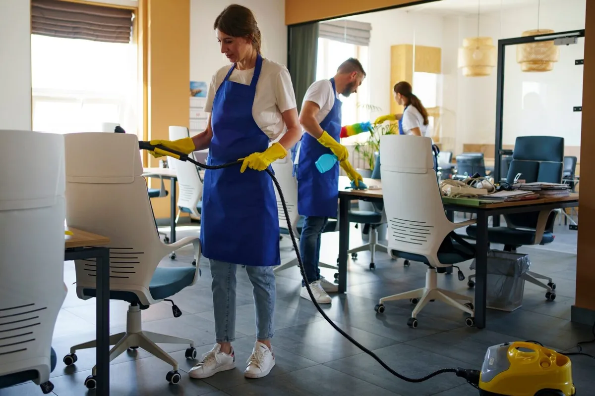 Commercial cleaning team cleaning an open-plan office