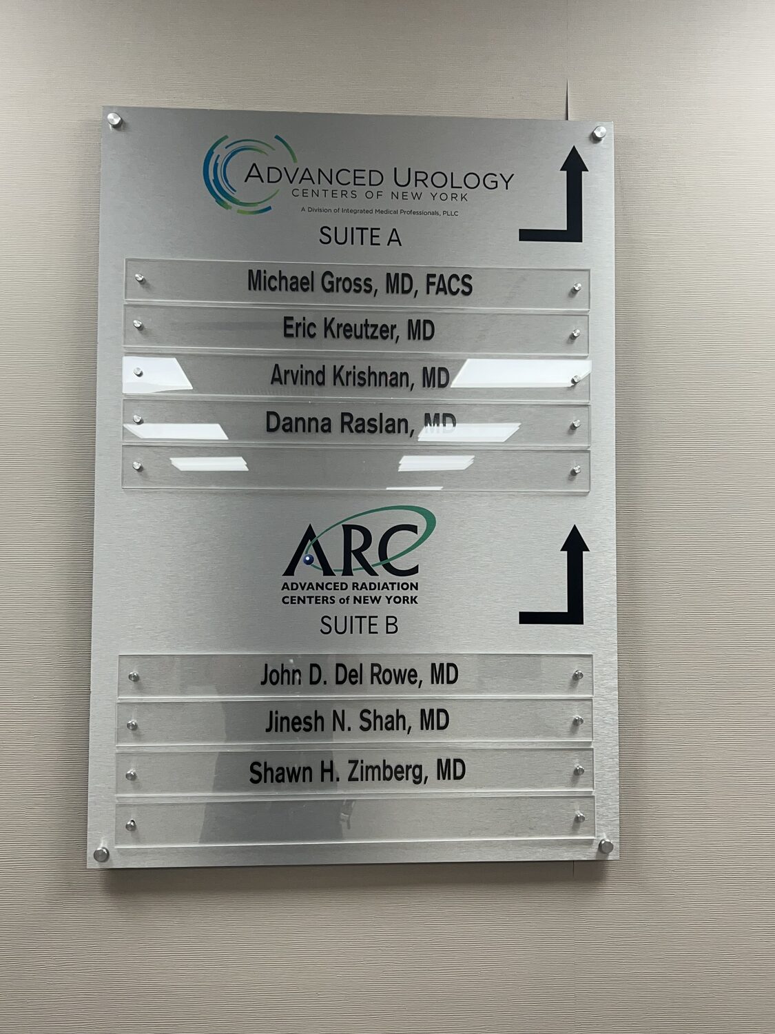Suite directory with slide-in name strips for Advanced Urology Centers of New York