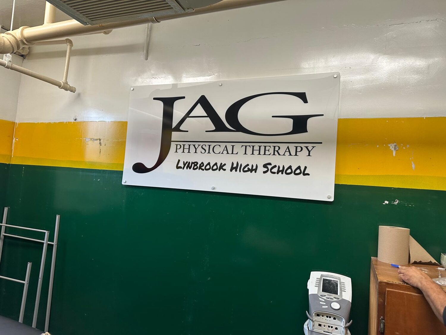 Interior sign for a school gym for JAG Physical Therapy