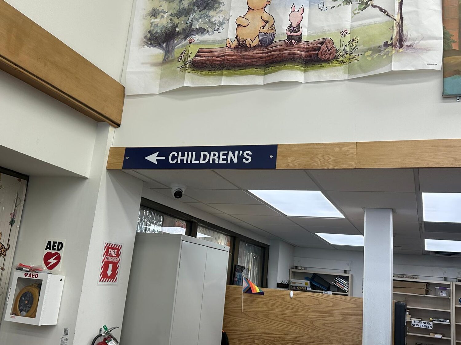 Directional and safety signs for Public library