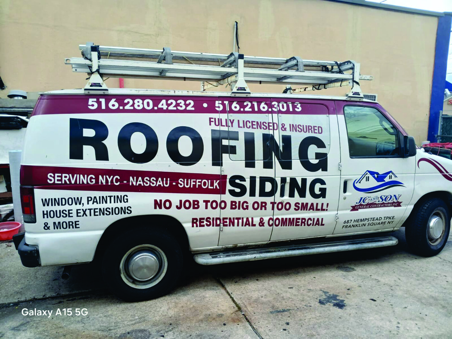 Rear van graphics for Roofing & siding contractor